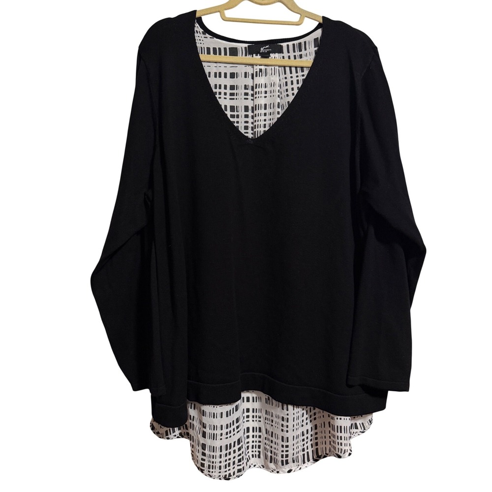 GNW Womens Plus Black Layered Mixed Media Geometric Print Split Back Top 3X